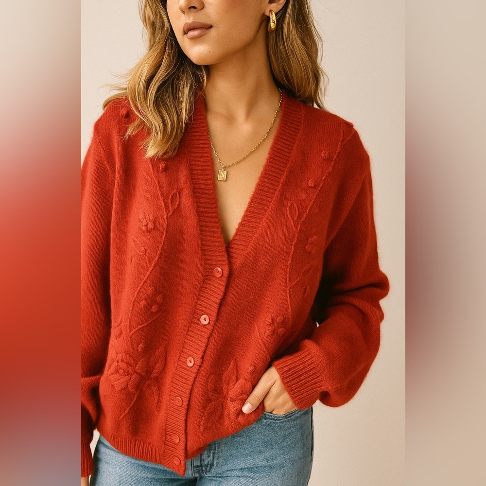 Adrianna Papell Vintage Red Floral Embroidered Women's Sweater, Small